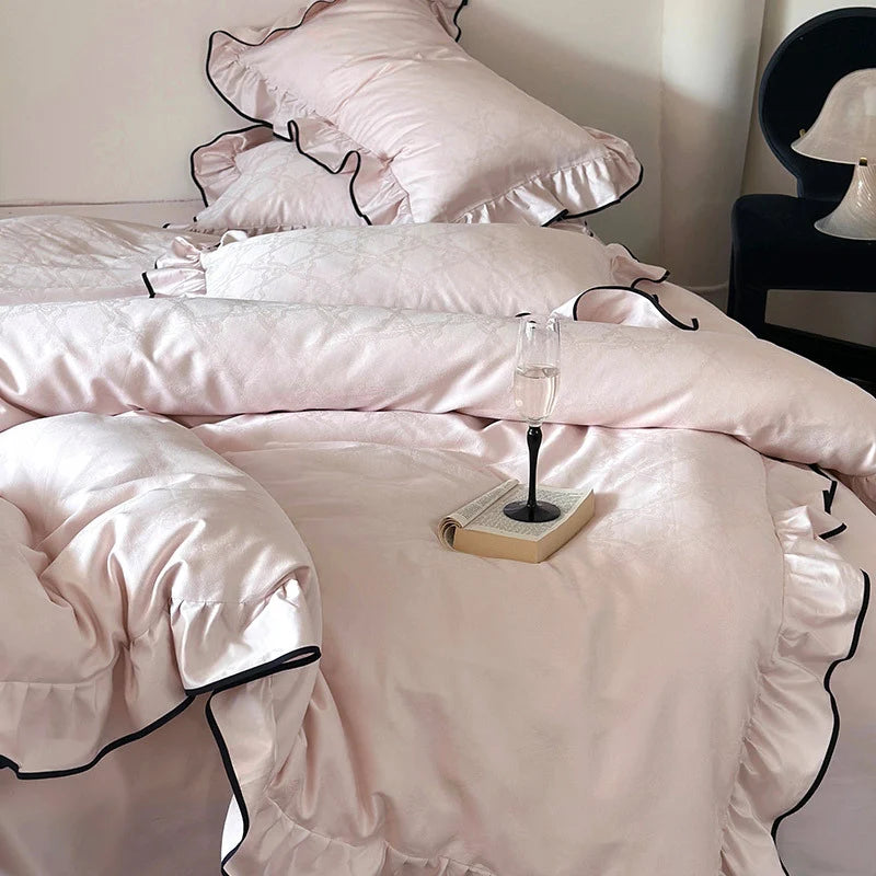 Bedding Set Cotton Satin Ruffled Trim & Contrasting Piping