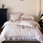 Bedding Set Cotton Satin Ruffled Trim & Contrasting Piping