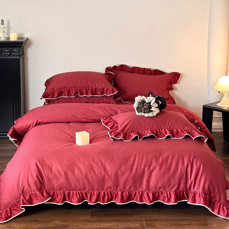 Bedding Set Cotton Satin Ruffled Trim & Contrasting Piping