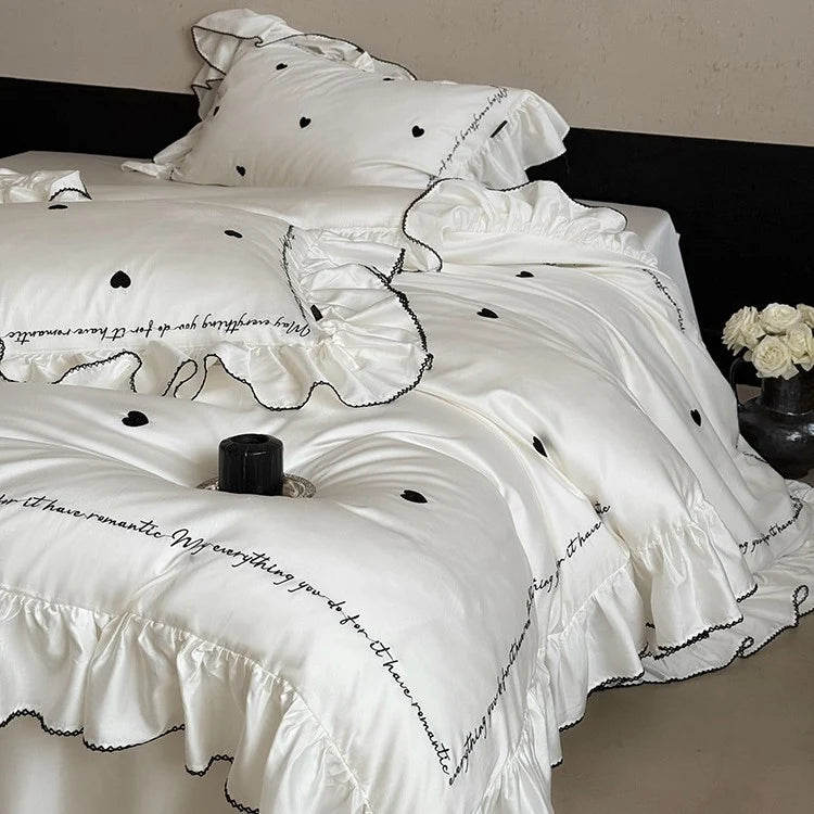 Bedding Set Cotton Satin Ruffled Trim & Embroidered Hearts