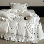 Bedding Set Cotton Satin Ruffled Trim & Embroidered Hearts