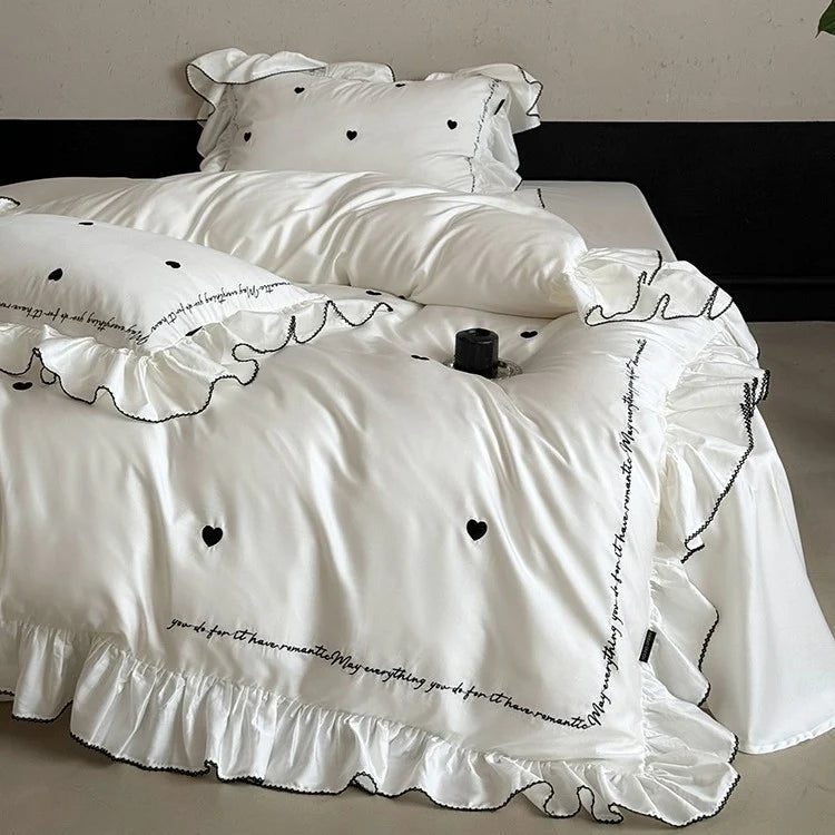 Bedding Set Cotton Satin Ruffled Trim & Embroidered Hearts