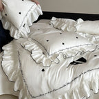 Bedding Set Cotton Satin Ruffled Trim & Embroidered Hearts