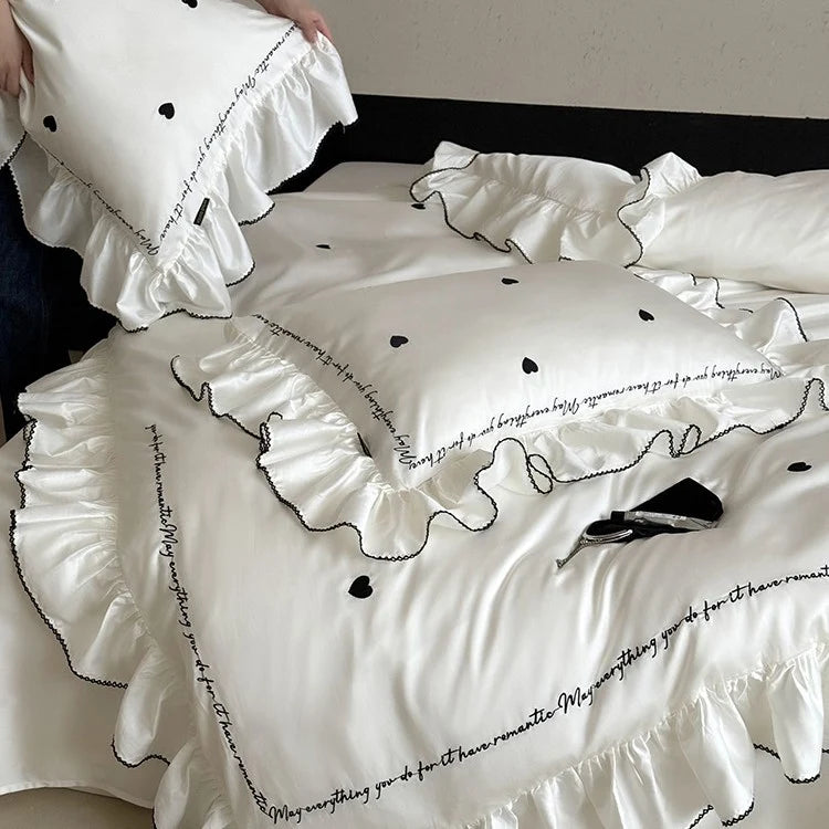 Bedding Set Cotton Satin Ruffled Trim & Embroidered Hearts
