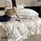 Bedding Set Cotton Satin Ruffled Trim & Embroidered Hearts