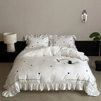 Bedding Set Cotton Satin Ruffled Trim & Embroidered Hearts