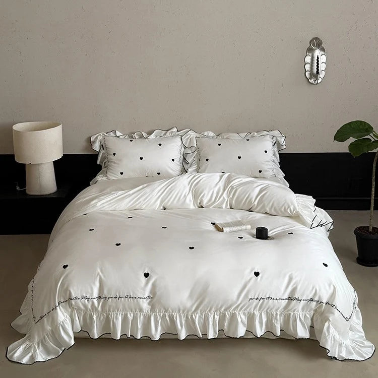 Bedding Set Cotton Satin Ruffled Trim & Embroidered Hearts