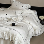 Bedding Set Cotton Satin Ruffled Trim & Embroidered Hearts