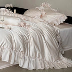 Bedding Set Cotton Satin Ruffled Trim & Embroidered Hearts