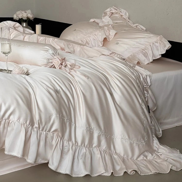 Bedding Set Cotton Satin Ruffled Trim & Embroidered Hearts