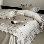 Bedding Set Cotton Satin Ruffled Trim & Embroidered Hearts