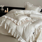Bedding Set Cotton Satin Ruffled Trim & Embroidered Hearts