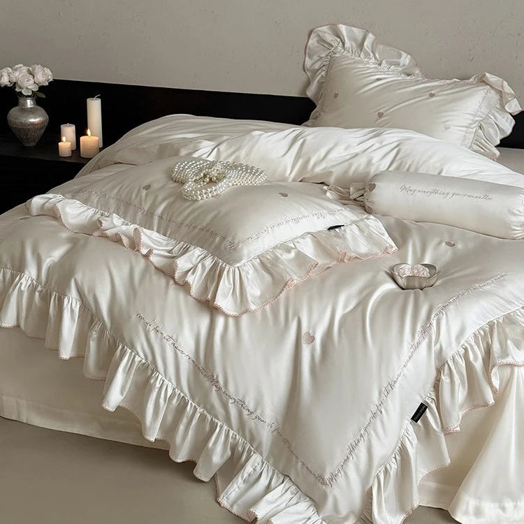 Bedding Set Cotton Satin Ruffled Trim & Embroidered Hearts