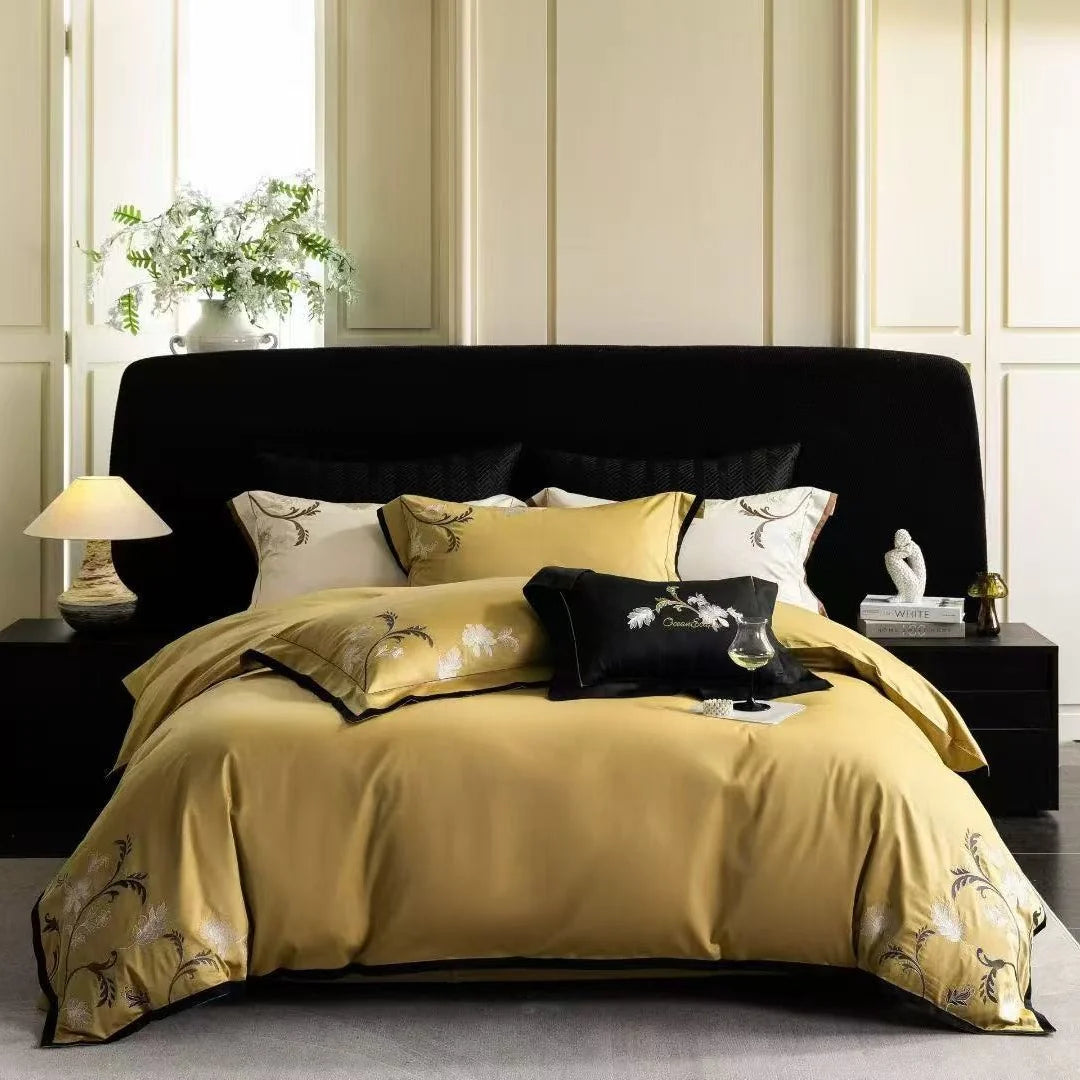 Bedding Set Cotton Satin Silky Matte Floral Embroidery