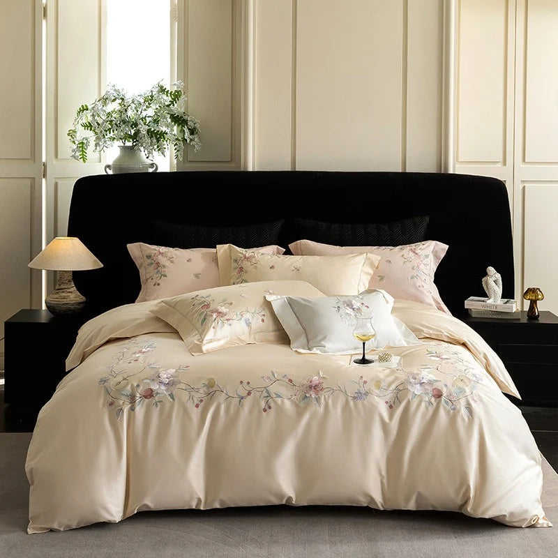 Bedding Set Cotton Satin Silky Matte Floral Embroidery