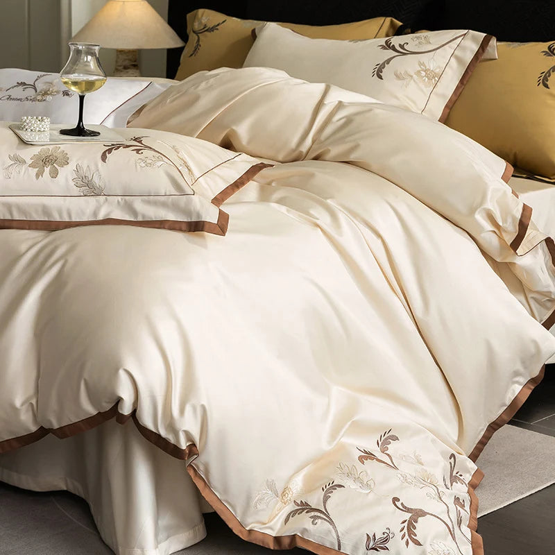 Bedding Set Cotton Satin Silky Matte Floral Embroidery