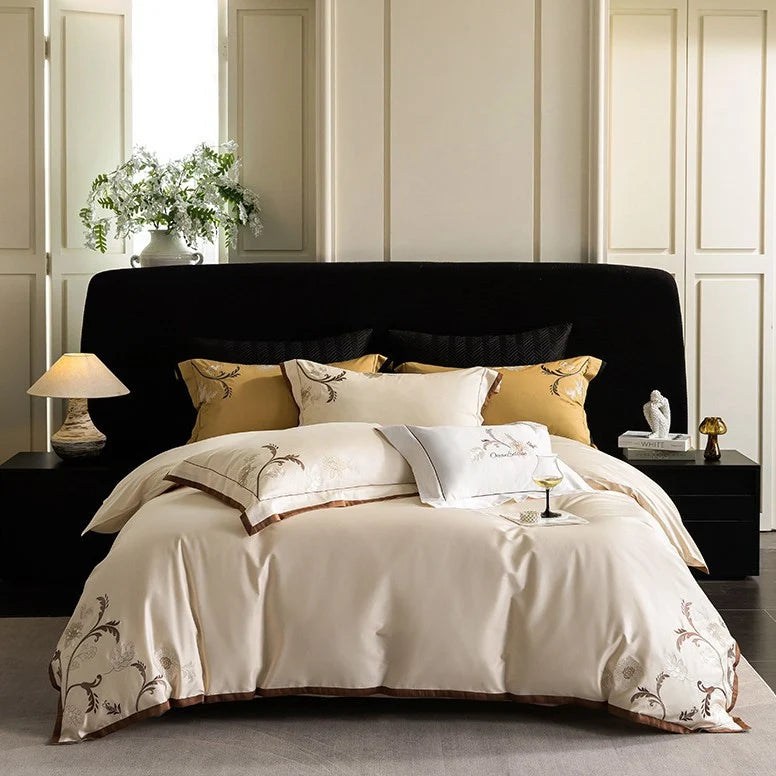 Bedding Set Cotton Satin Silky Matte Floral Embroidery