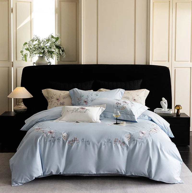 Bedding Set Cotton Satin Silky Matte Floral Embroidery