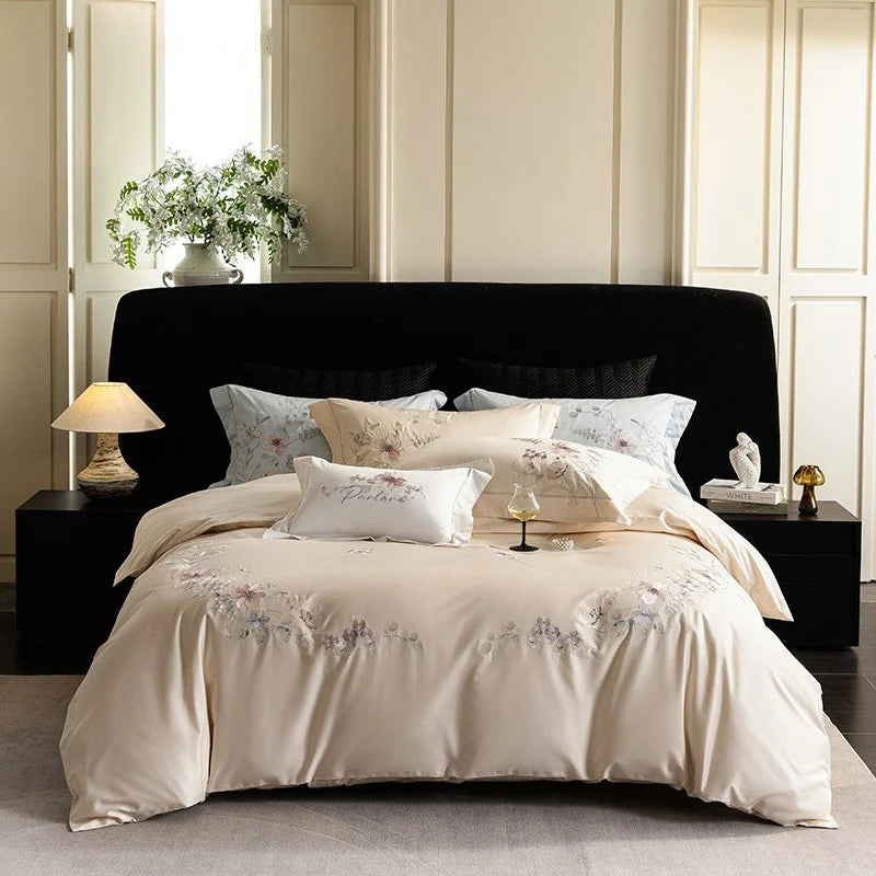 Bedding Set Cotton Satin Silky Matte Floral Embroidery