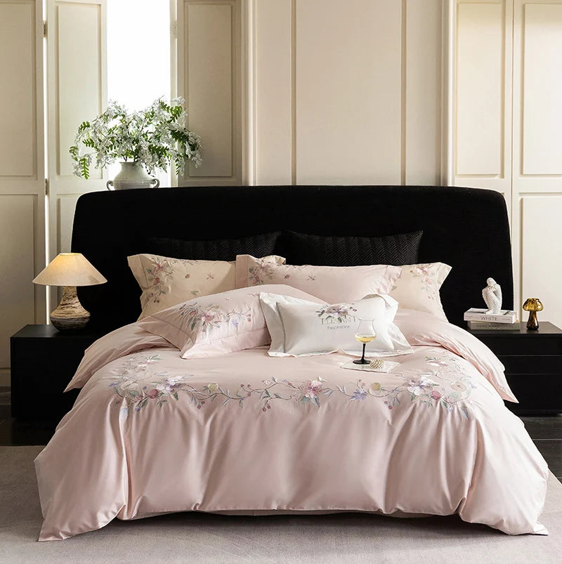 Bedding Set Cotton Satin Silky Matte Floral Embroidery