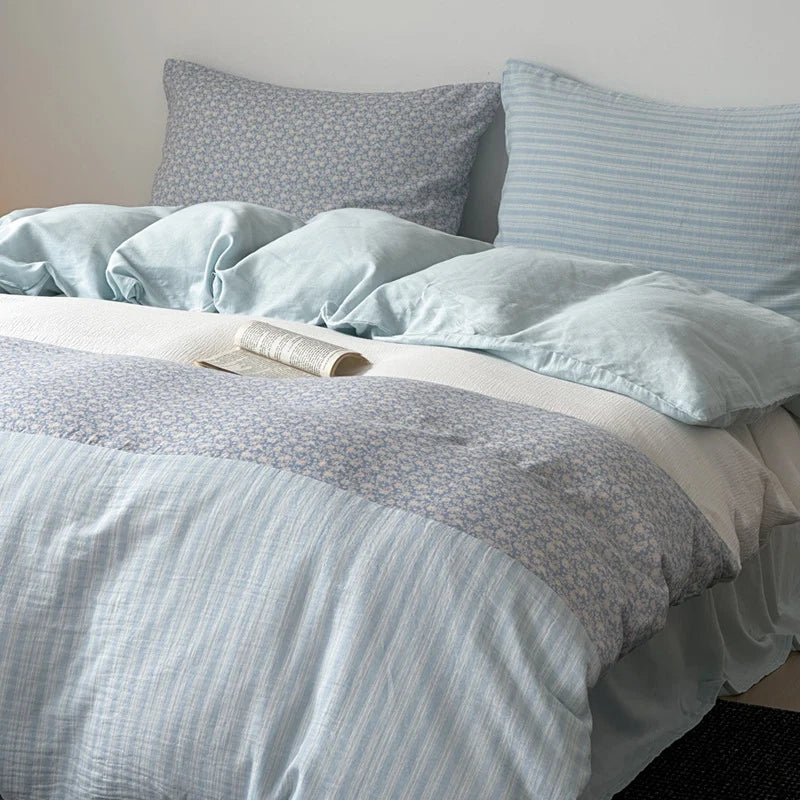 Bedding Set Cotton Satin Silky Striped Patchwork