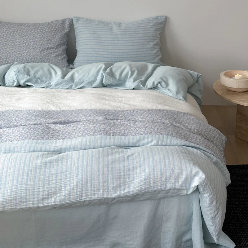 Bedding Set Cotton Satin Silky Striped Patchwork