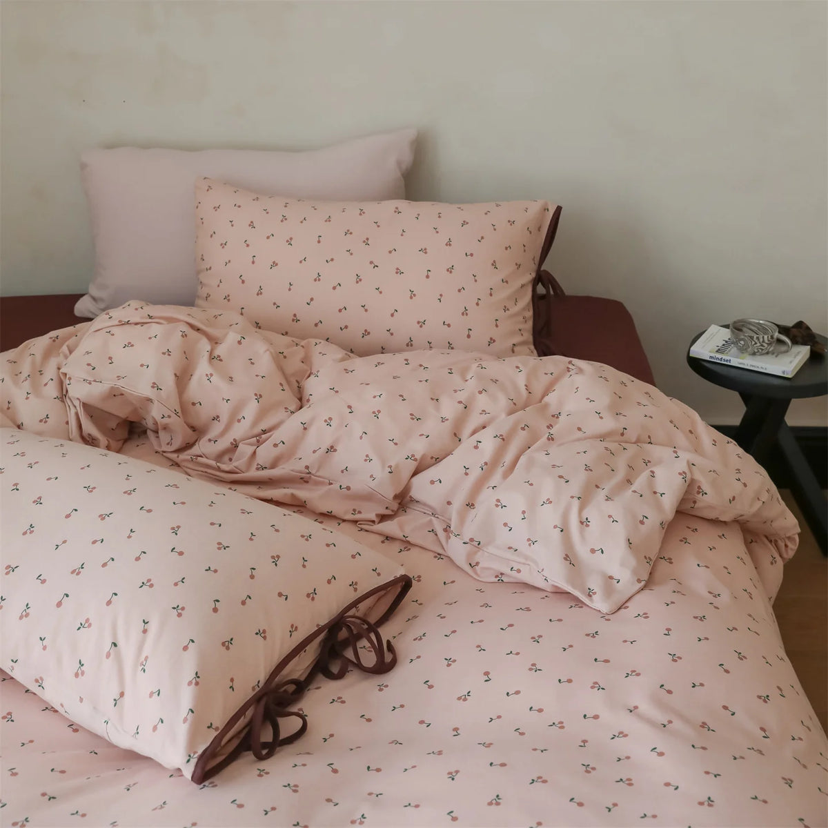 Bedding Set Cotton Satin Small Cherry Print Pillowcase Ties