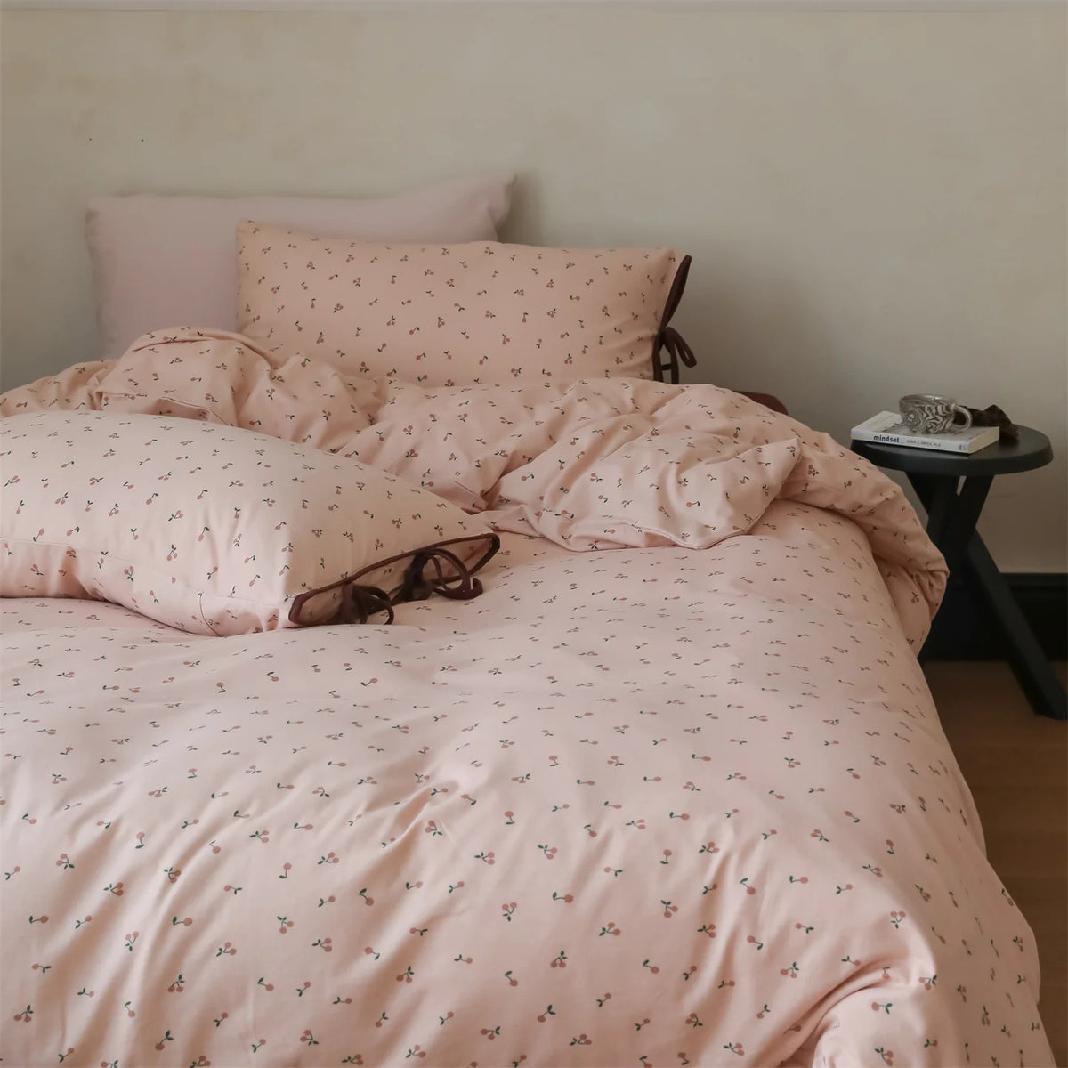 Bedding Set Cotton Satin Small Cherry Print Pillowcase Ties
