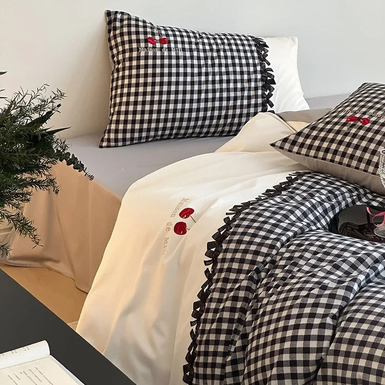 Bedding Set Cotton Satin Vichy Check Four Piece