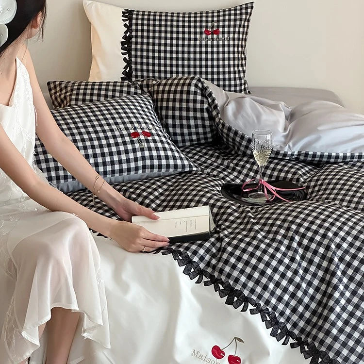 Bedding Set Cotton Satin Vichy Check Four Piece