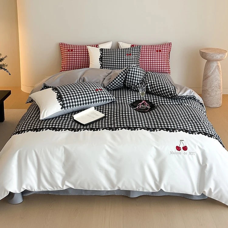 Bedding Set Cotton Satin Vichy Check Four Piece