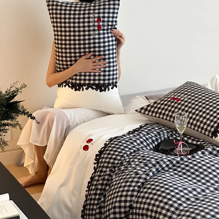 Bedding Set Cotton Satin Vichy Check Four Piece