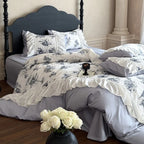 Bedding Set Cotton Satin Vintage Landscape Print Ruffle Trim