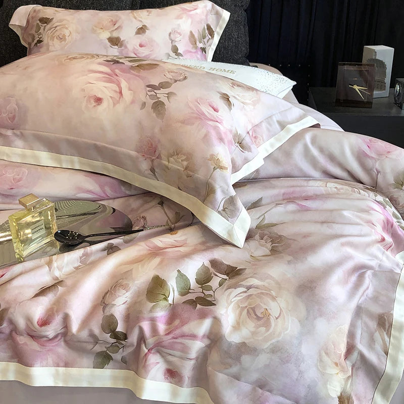 Bedding Set Cotton Satin Watercolor Rose Print