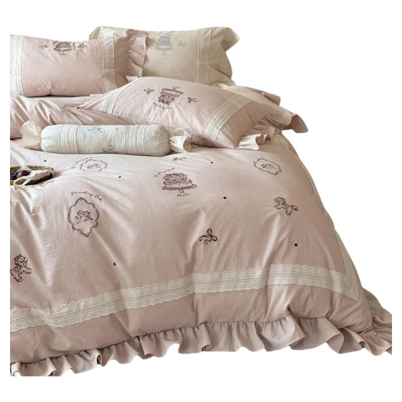 Bedding Set Delicate Embroidery & Ruffled Hem 4-Piece