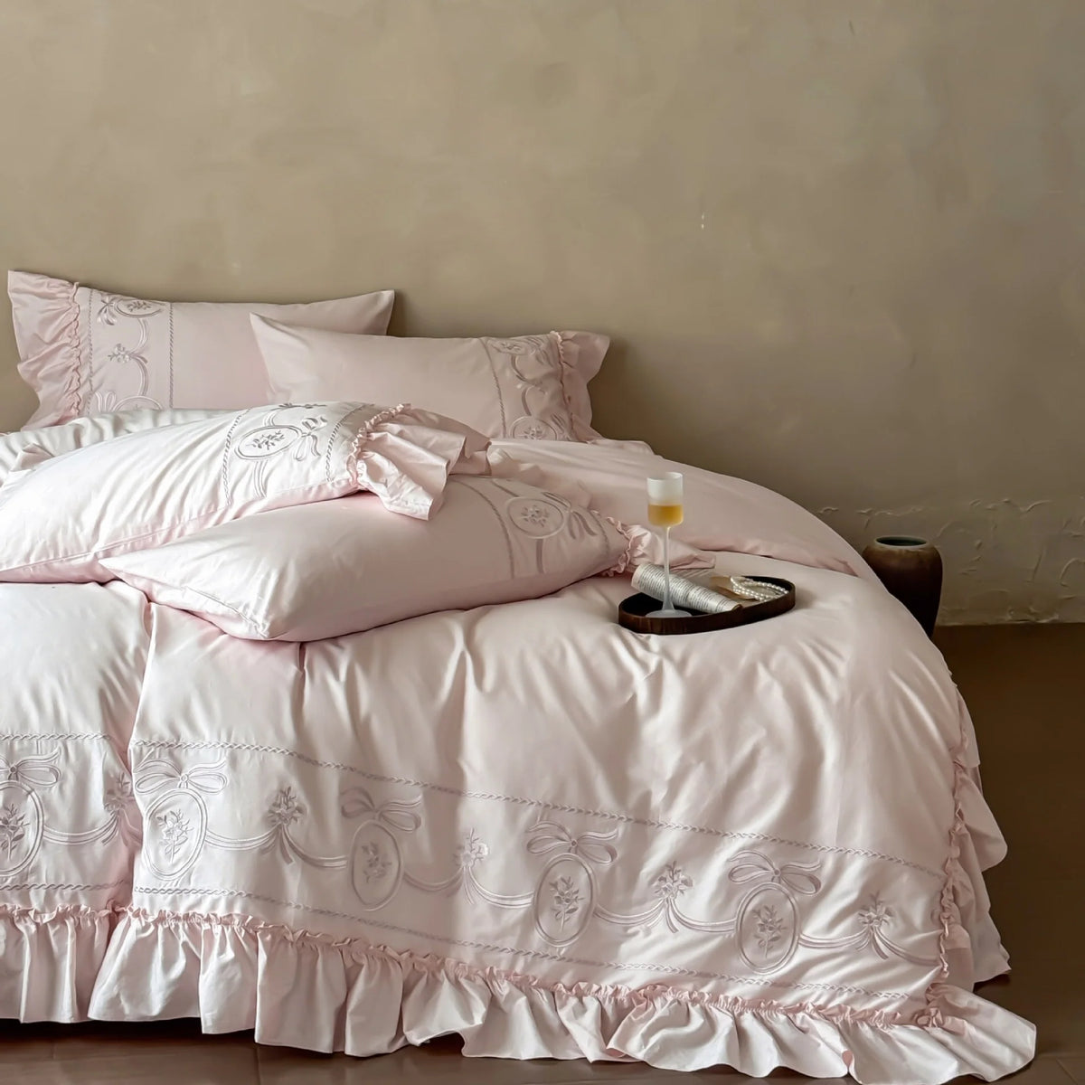Bedding Set Embroidered 100% Cotton Ruffle Duvet Cover & Pillowcases