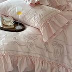 Bedding Set Embroidered 100% Cotton Ruffle Duvet Cover & Pillowcases
