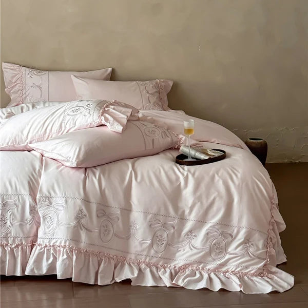 Bedding Set Embroidered 100% Cotton Ruffle Duvet Cover & Pillowcases