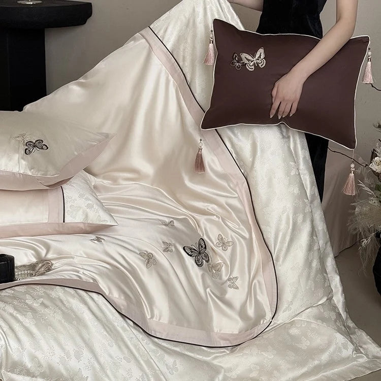 Bedding Set Embroidered Butterfly Satin Cotton Set of 4