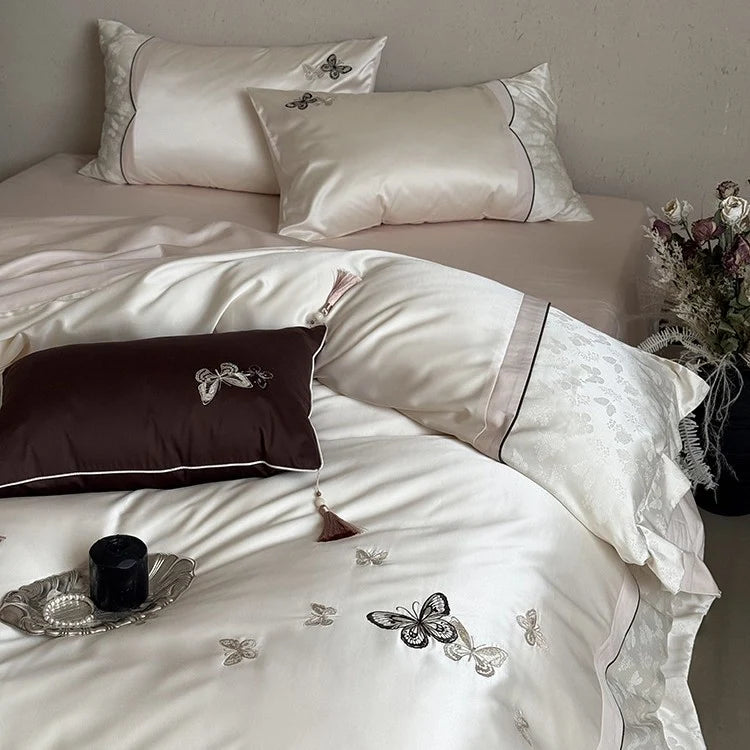 Bedding Set Embroidered Butterfly Satin Cotton Set of 4