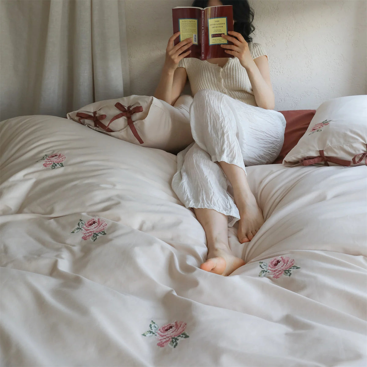 Bedding Set Embroidered Cotton Satin Bow Closure