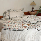 Bedding Set Embroidered Floral Ruffled Cotton-Linen Blend