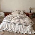 Bedding Set Embroidered Floral Ruffled Cotton-Linen Blend