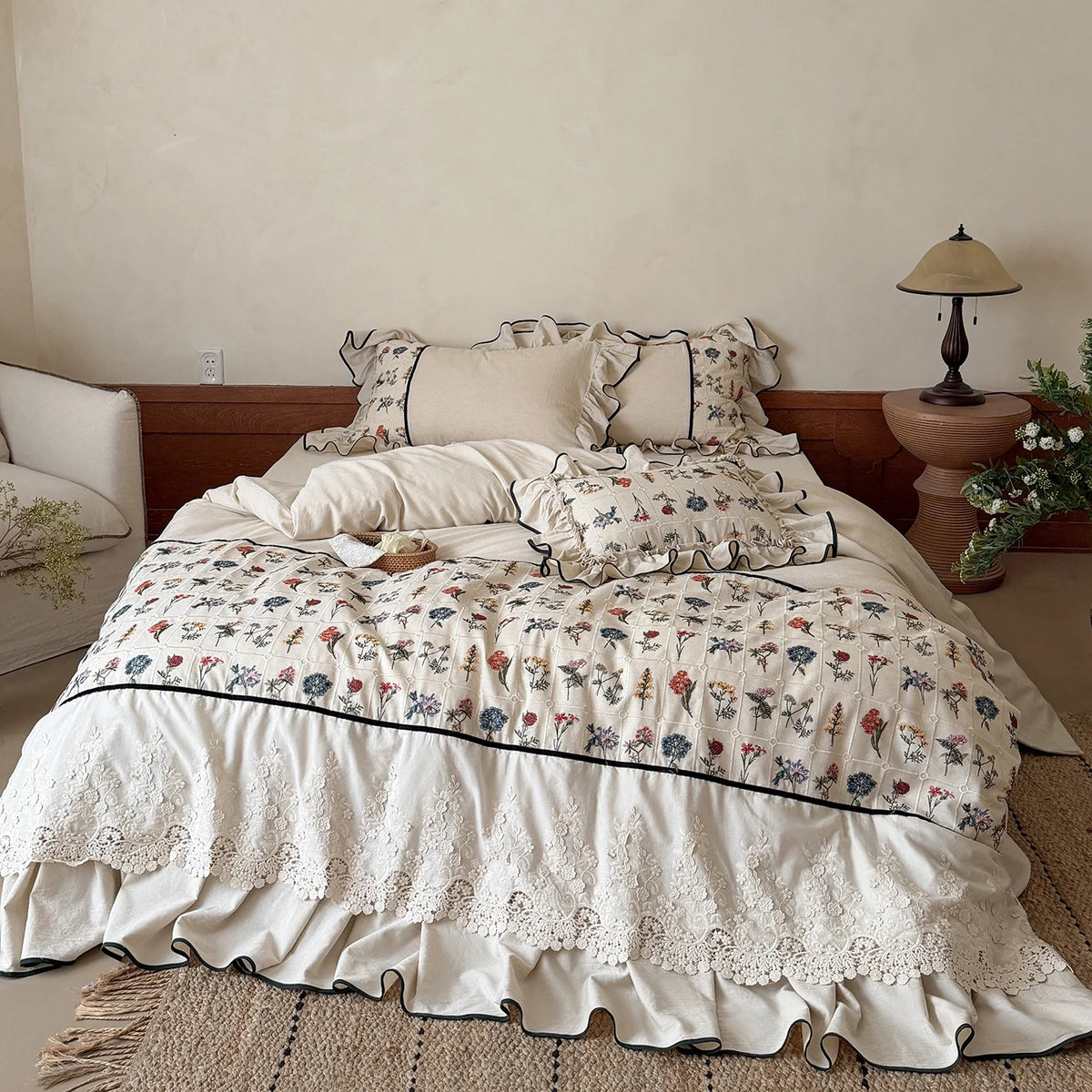 Bedding Set Embroidered Floral Ruffled Cotton-Linen Blend