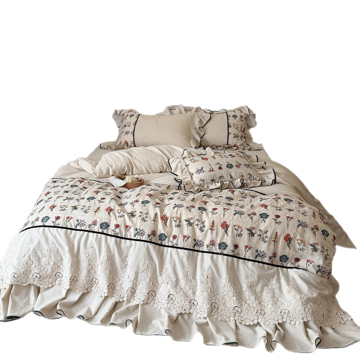 Bedding Set Embroidered Floral Ruffled Cotton-Linen Blend