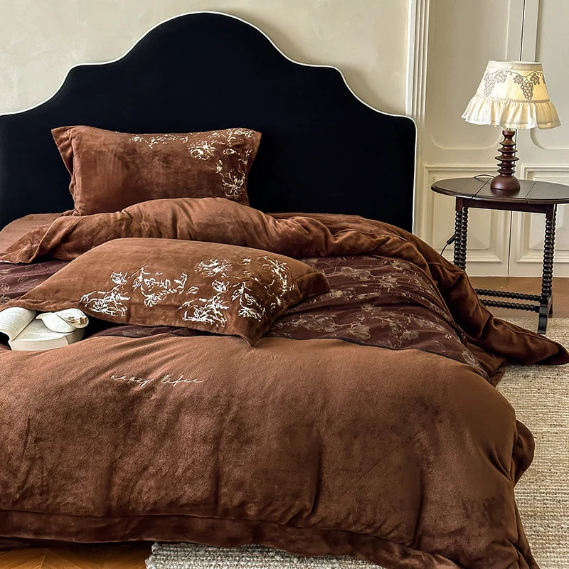 Bedding Set Embroidered Floral Velvet Concealed Zipper