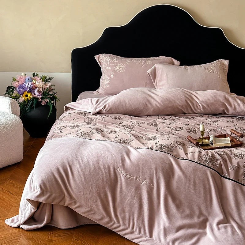 Bedding Set Embroidered Floral Velvet Concealed Zipper