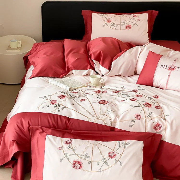 Bedding Set Embroidered Rose Cotton Satin Machine Washable