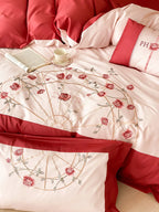 Bedding Set Embroidered Rose Cotton Satin Machine Washable