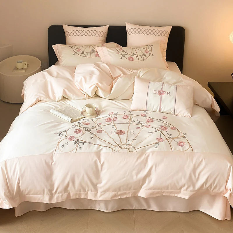 Bedding Set Embroidered Rose Cotton Satin Machine Washable